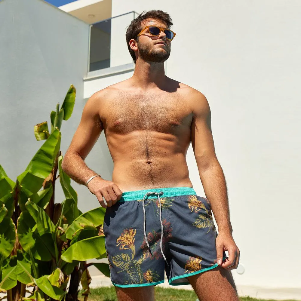 4.5 Inch Inseam Vintage Leaf Swim Trunks