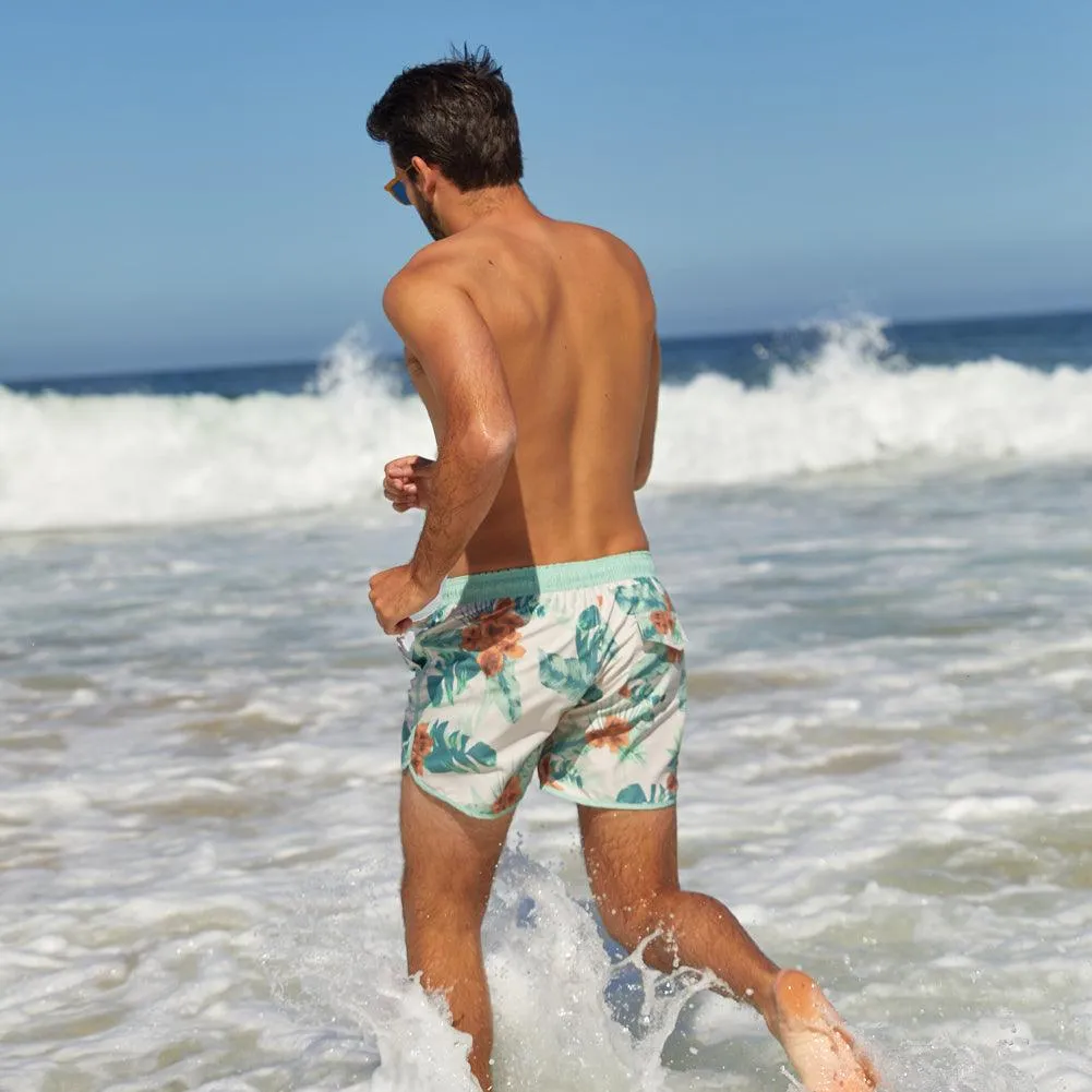 4.5 Inch Inseam Vintage Light Green Floral Swim Trunks