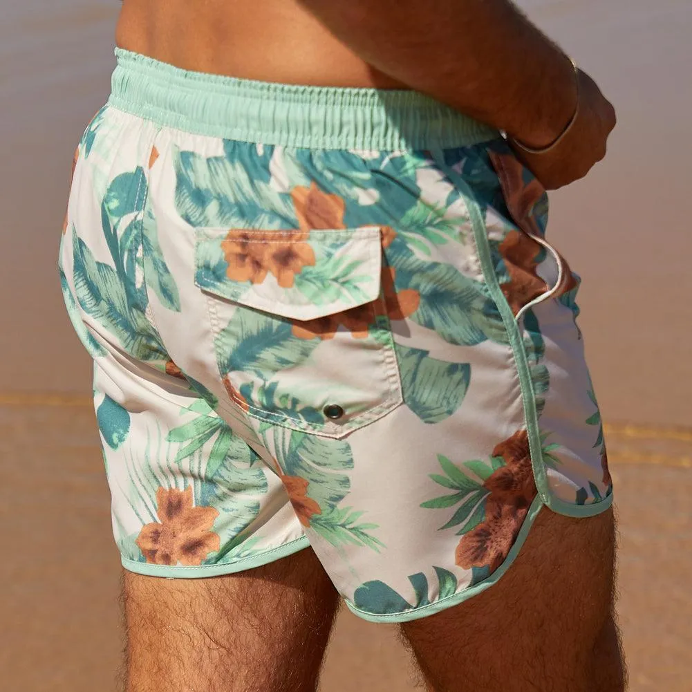 4.5 Inch Inseam Vintage Light Green Floral Swim Trunks