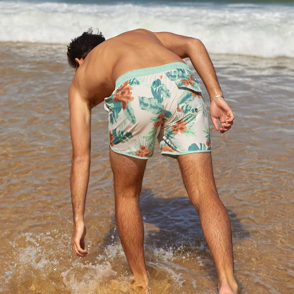 4.5 Inch Inseam Vintage Light Green Floral Swim Trunks