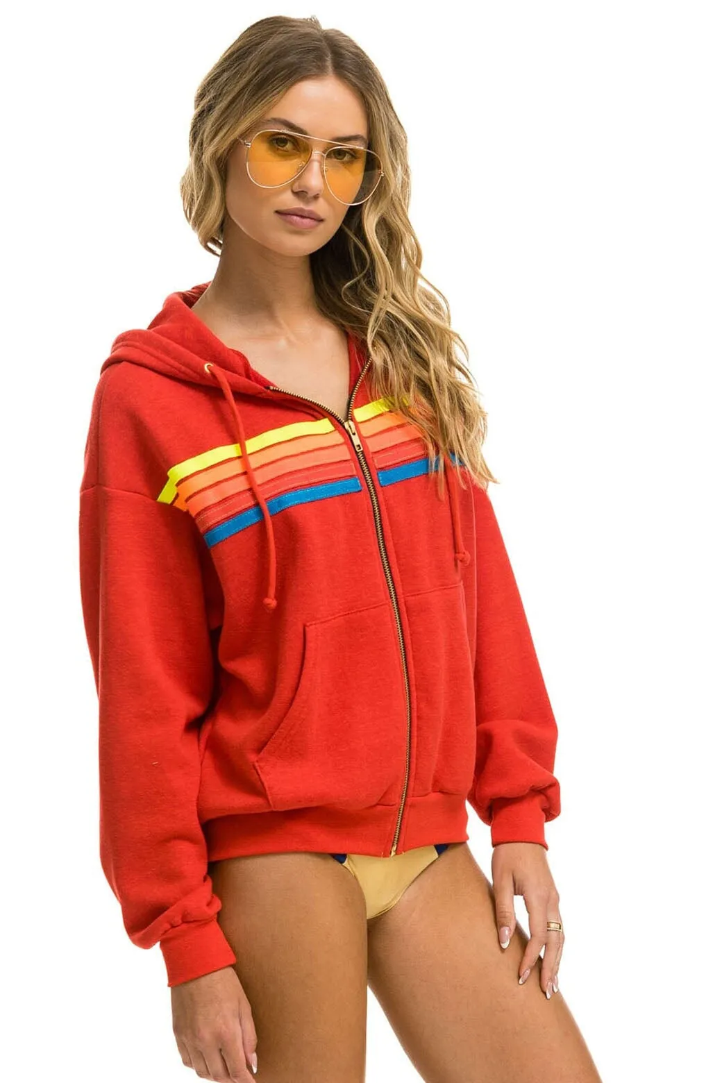 5 STRIPE RELAXED ZIP HOODIE - RED // NEON RAINBOW