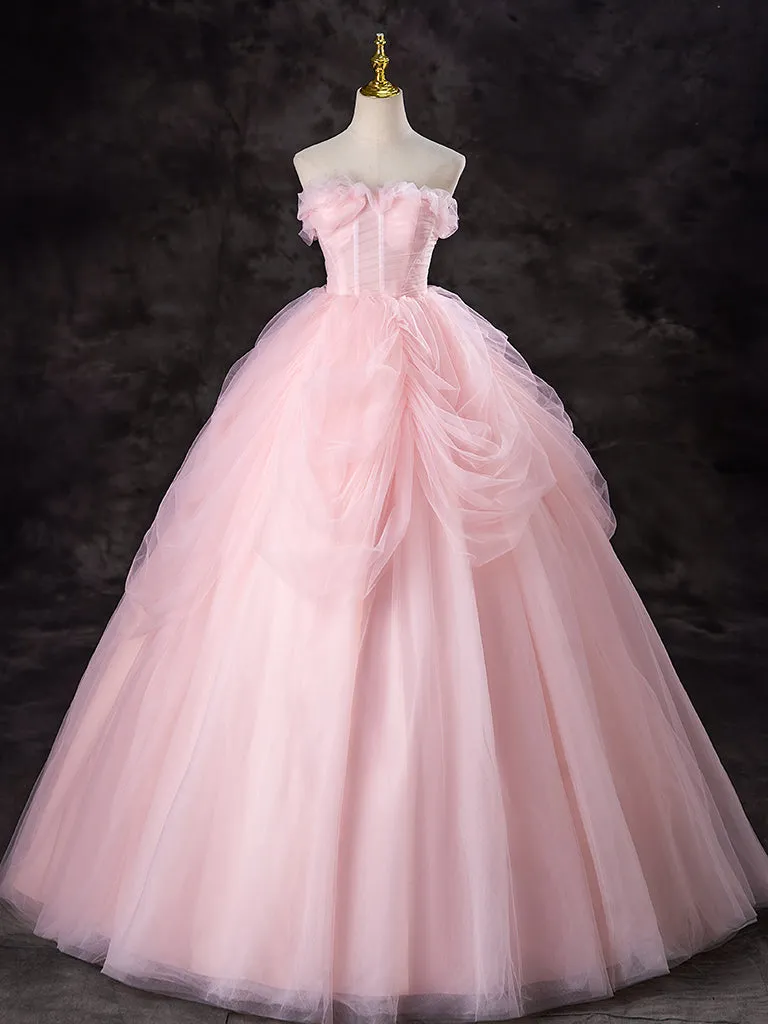 A-Line Tulle Pink Long Prom Dress, Pink Long Sweet 16 Dress