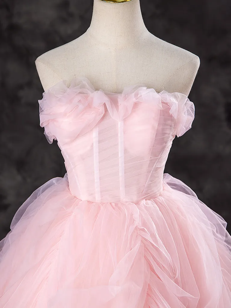 A-Line Tulle Pink Long Prom Dress, Pink Long Sweet 16 Dress