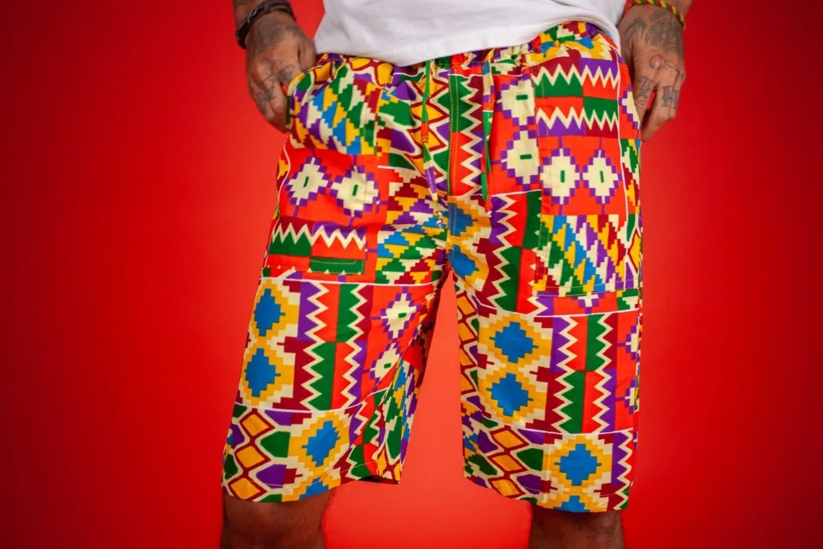 African Shorts in Electric Orange Kente