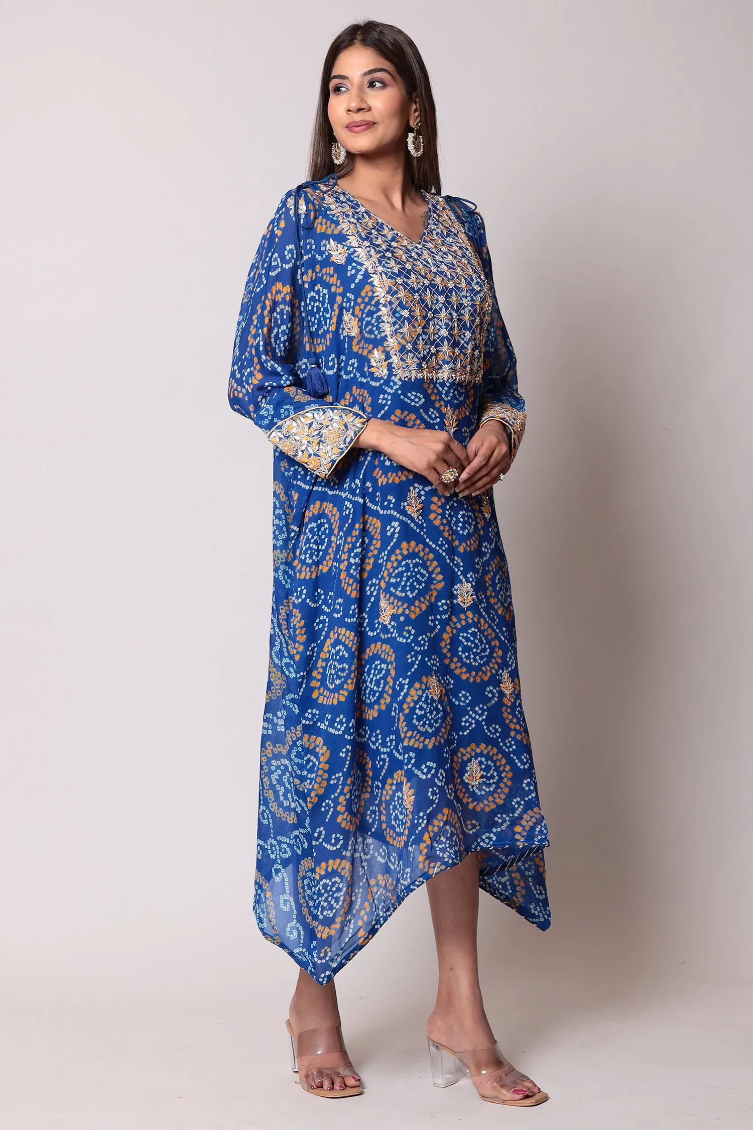 Bandhej Georgette Kaftan with Gota Patti work.