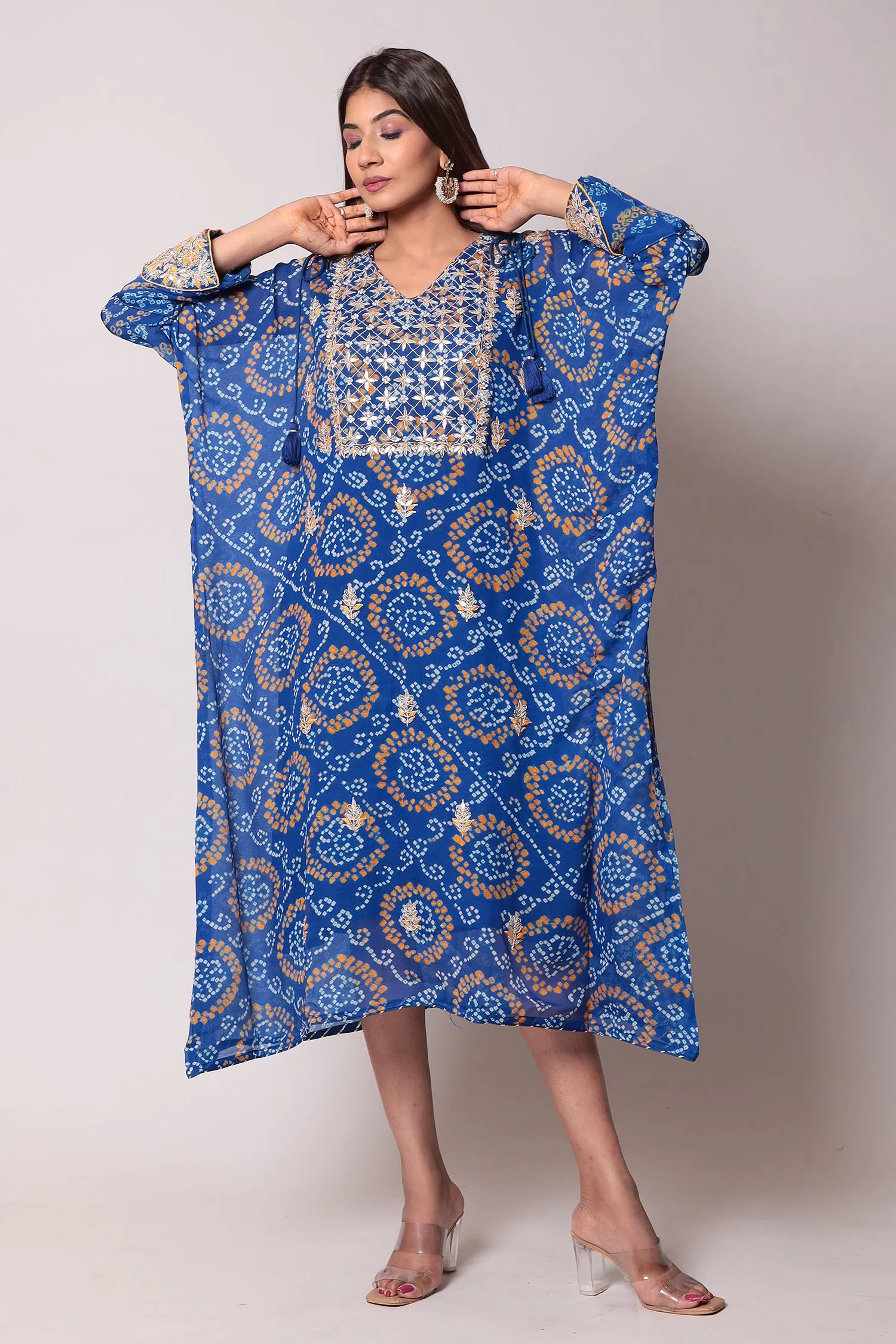 Bandhej Georgette Kaftan with Gota Patti work.