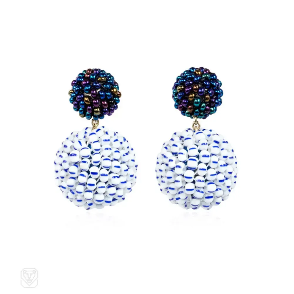 Blackberry and white/blue-striped glass beaded earrings