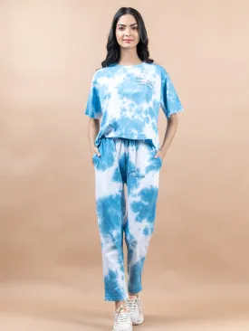 Blue Color Good Vibes Printed Tie-Dye Cotton T-Shirt and Jogger Set For Women