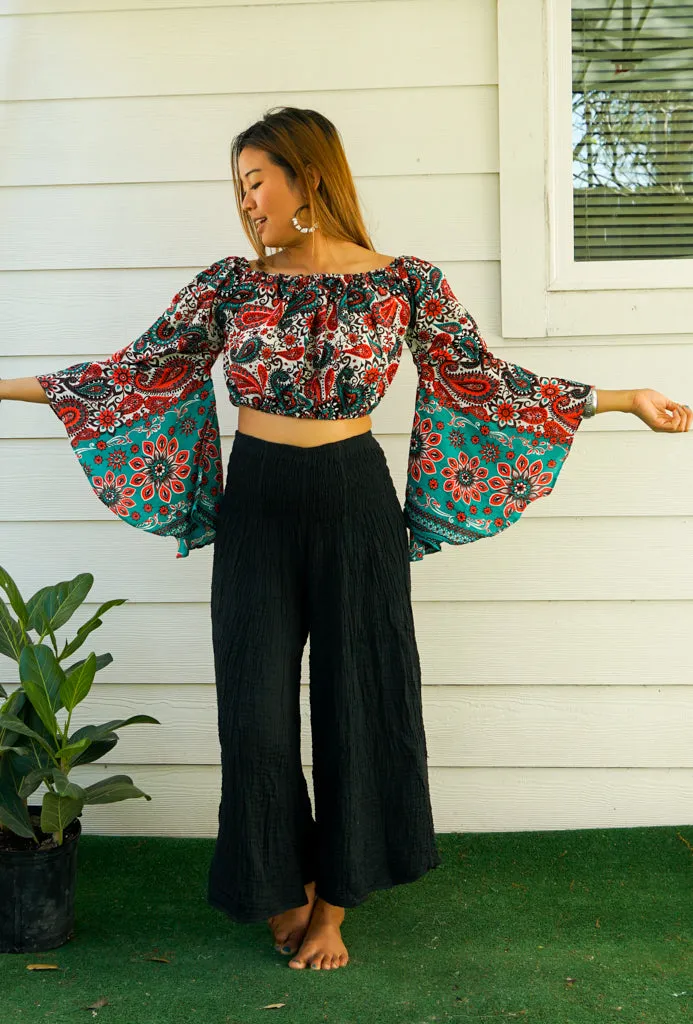 Bohemian Teal Red Paisley Mandala Bell Sleeves Top