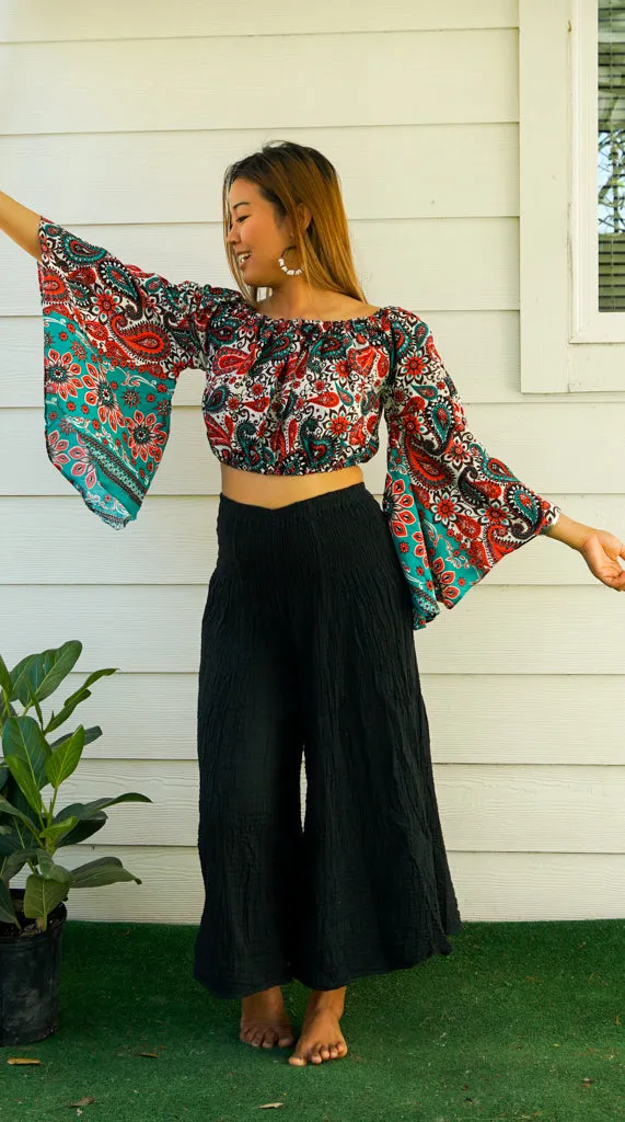 Bohemian Teal Red Paisley Mandala Bell Sleeves Top