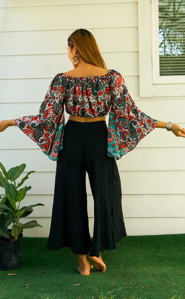 Bohemian Teal Red Paisley Mandala Bell Sleeves Top