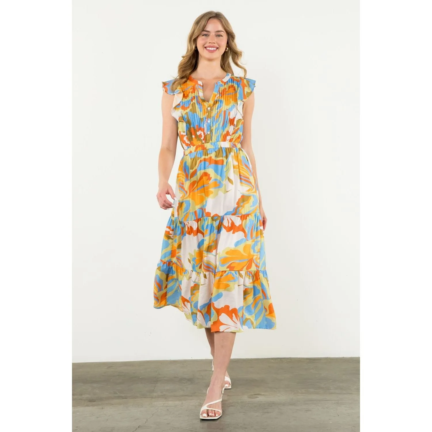 Brittany Flutter Sleeve Tiered Multi Color THML Dress