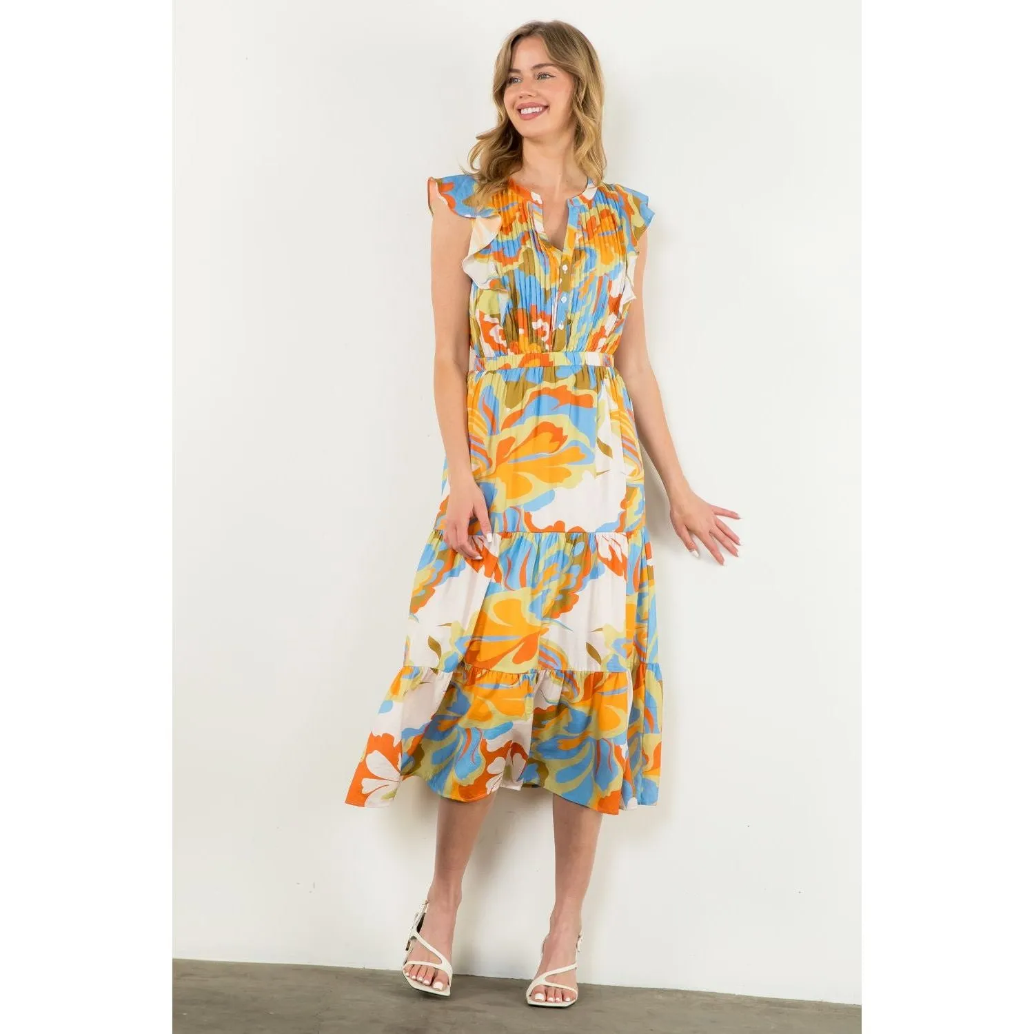 Brittany Flutter Sleeve Tiered Multi Color THML Dress