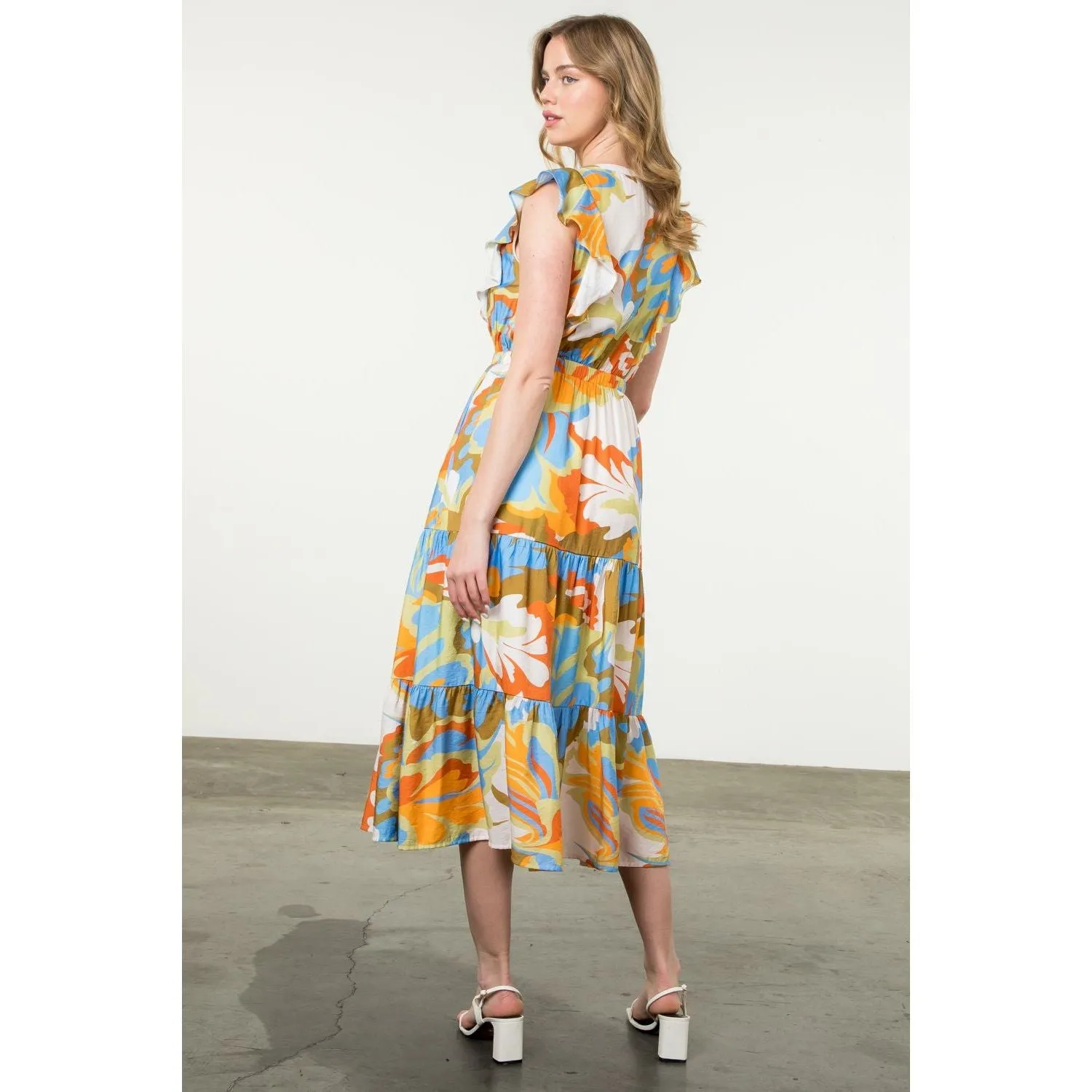 Brittany Flutter Sleeve Tiered Multi Color THML Dress