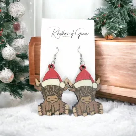 Christmas Highland Cow Earrings, Christmas Earrings, Christmas Jewelry, Avocado Jewelry, Handmade Earrings, Santa Claus, Santa Hat, Cow