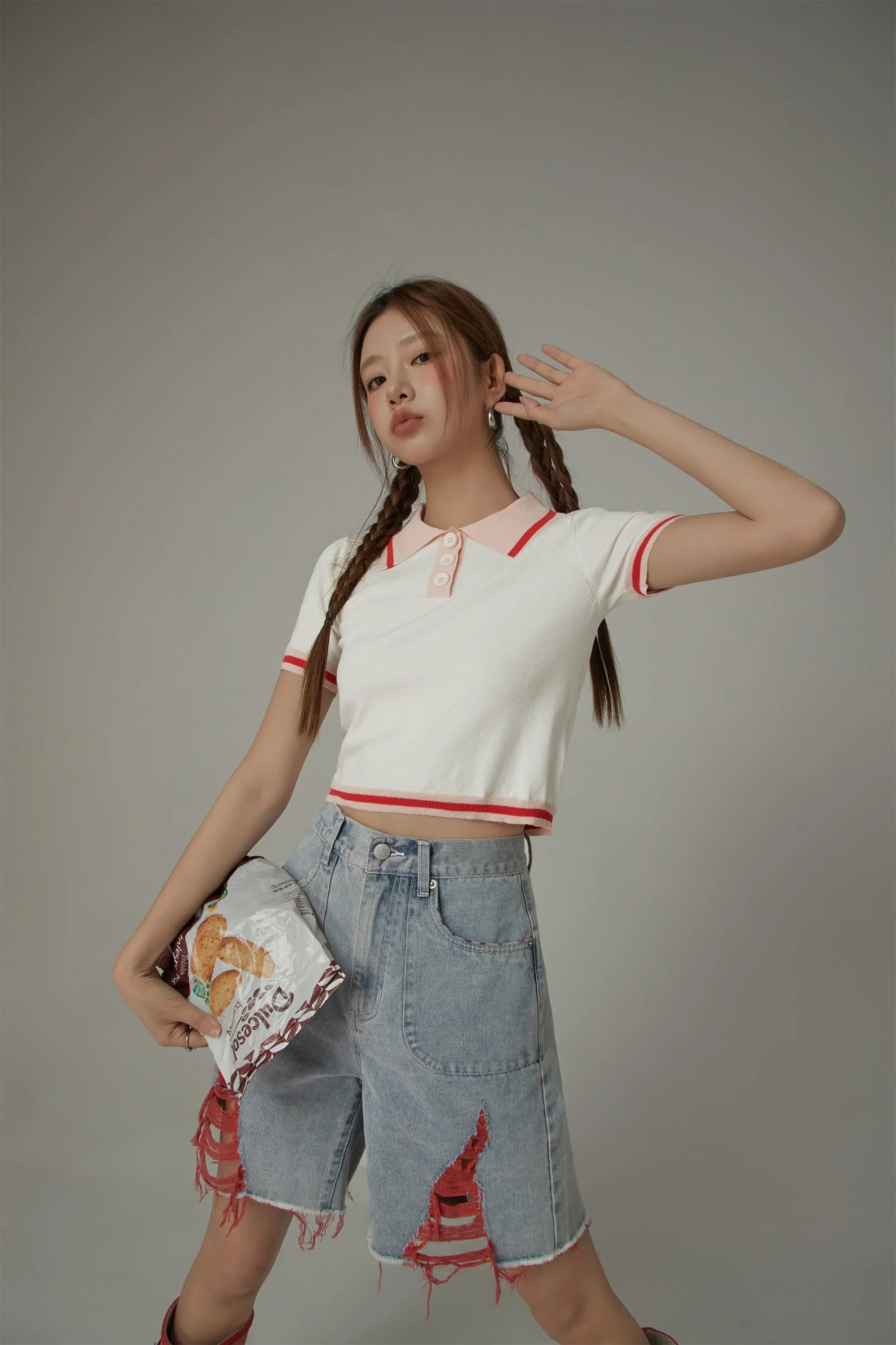 Chuu Babe Color Polo Neck Crop Knit Top