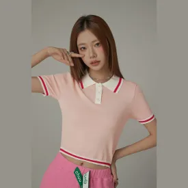 Chuu Babe Color Polo Neck Crop Knit Top