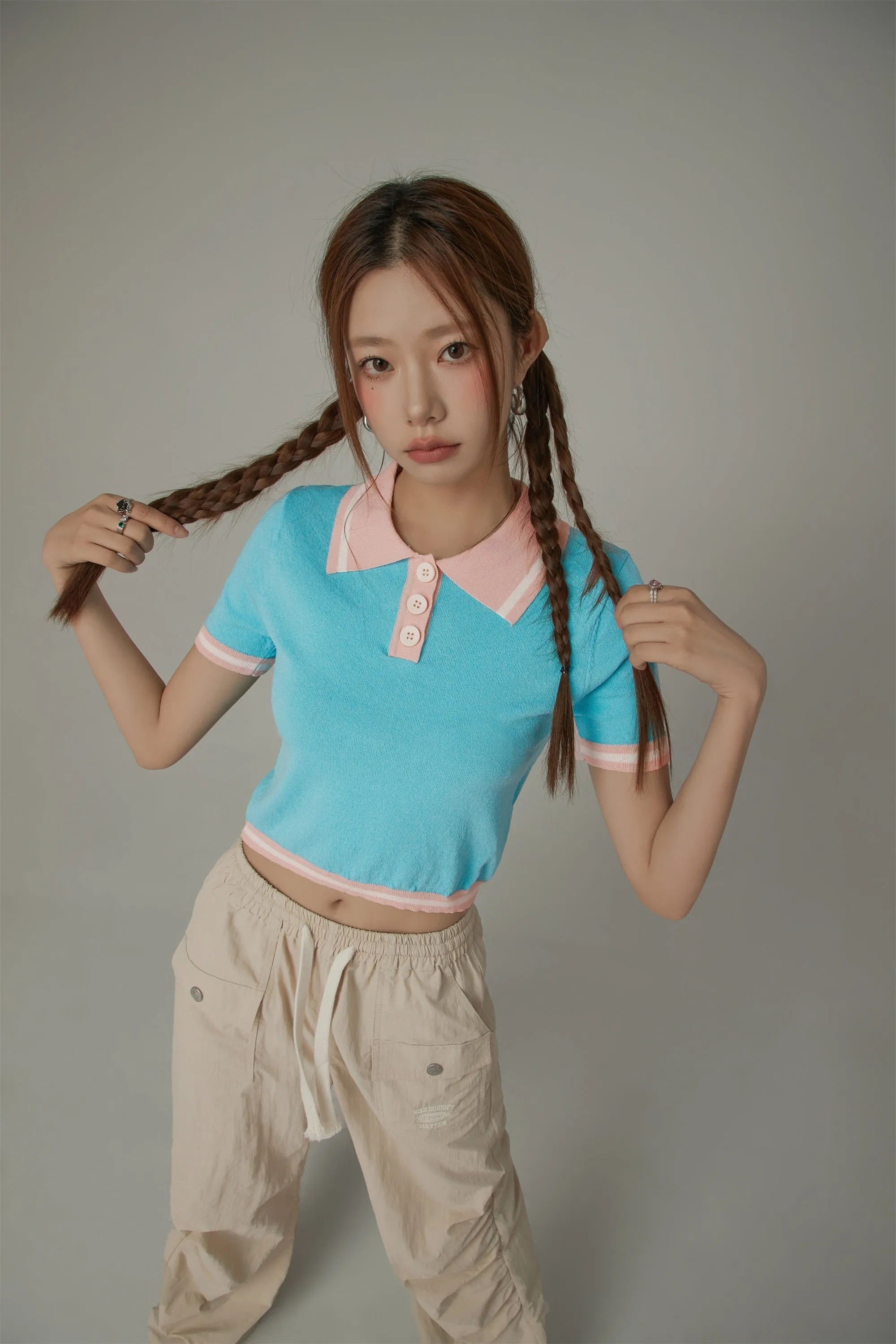 Chuu Babe Color Polo Neck Crop Knit Top