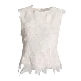 Elegant Floral Embroidered Crew Neck Semi Sheer Crop Lace Tank Top