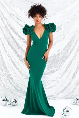 Emerald Green Ruffle Shoulder Gown