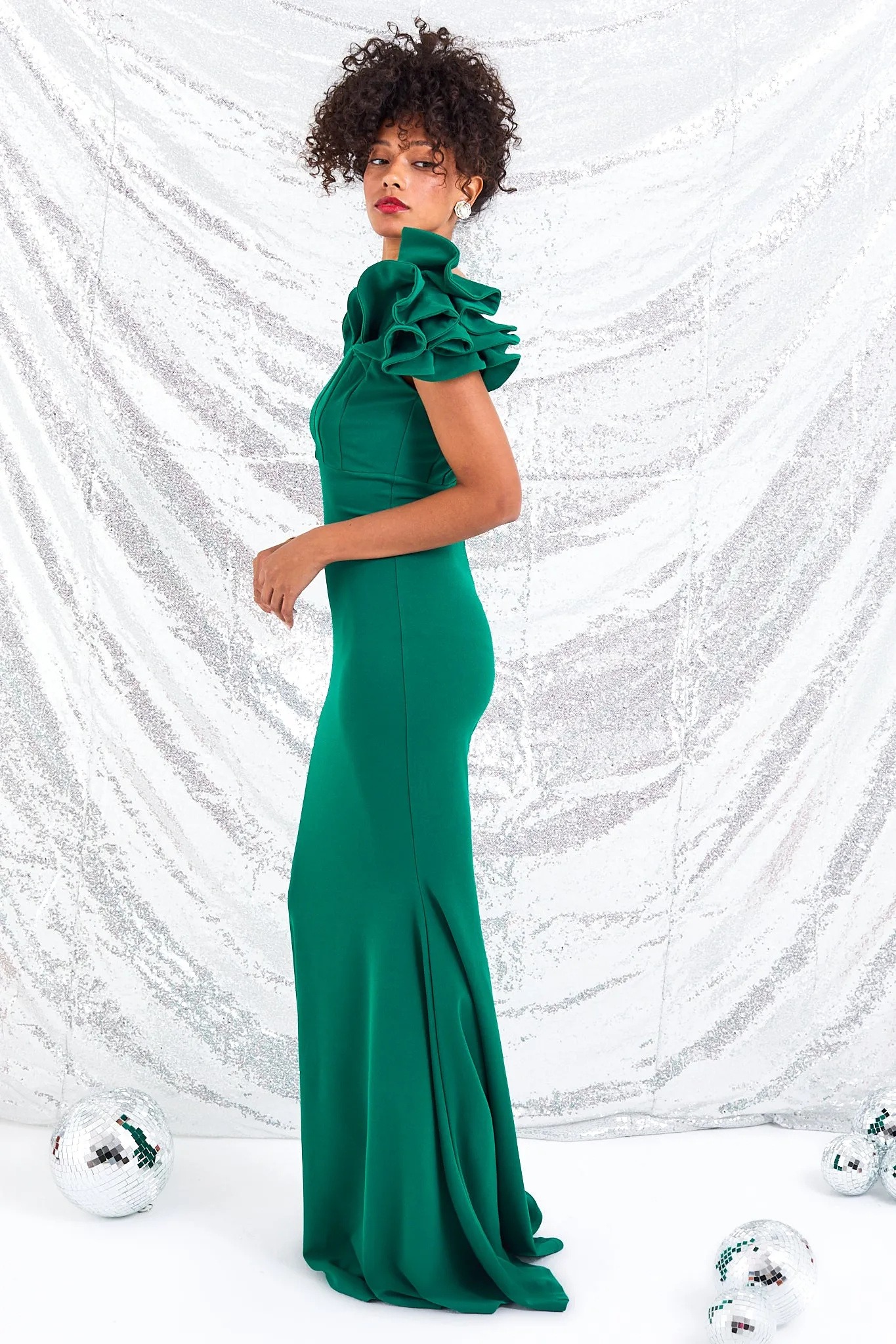 Emerald Green Ruffle Shoulder Gown