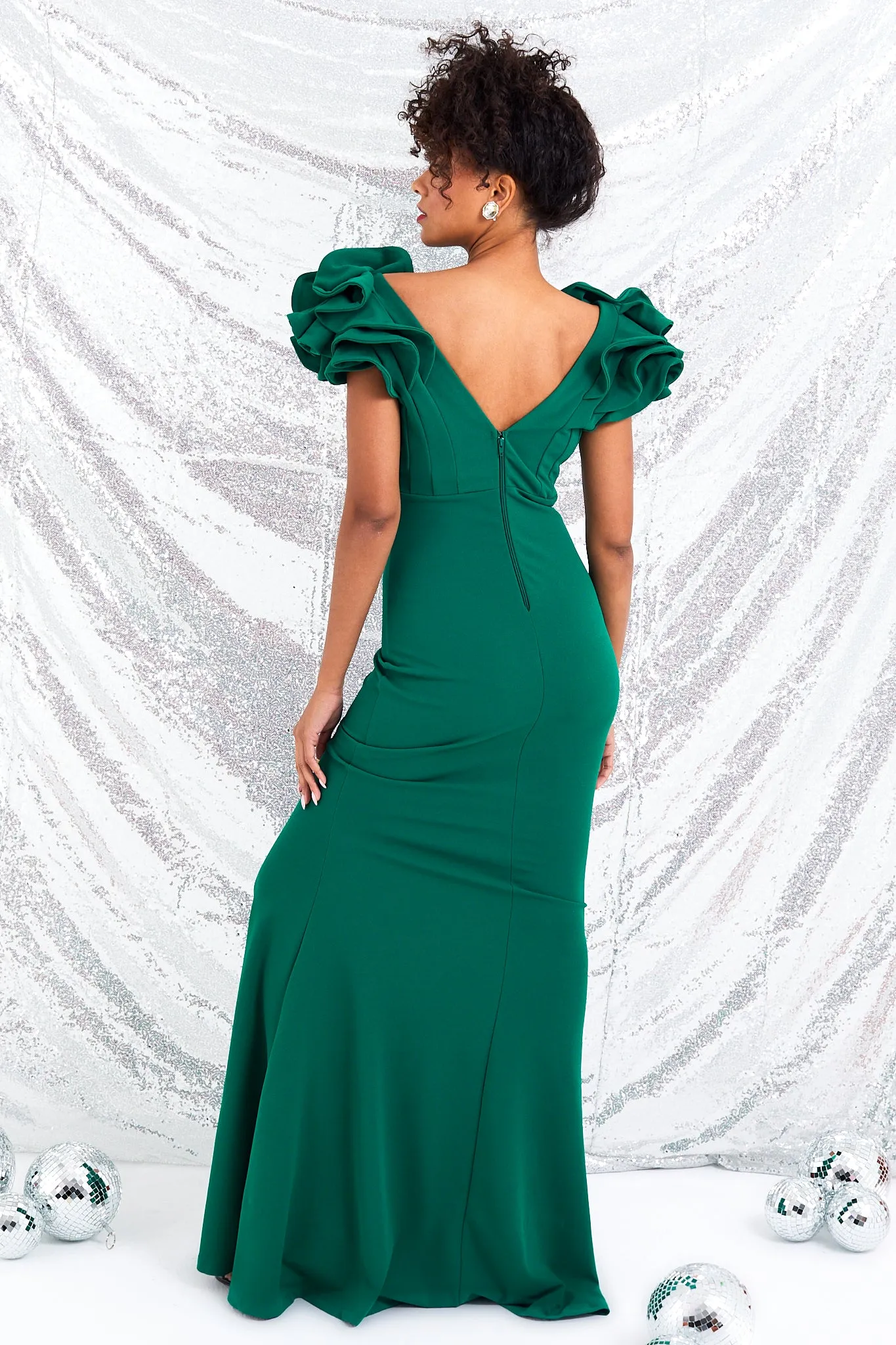 Emerald Green Ruffle Shoulder Gown