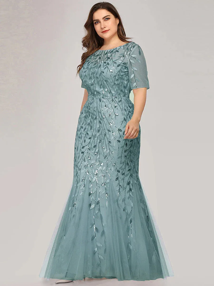 Floral Sequin Print Maxi Long Plus Size Mermaid Tulle Prom Dress