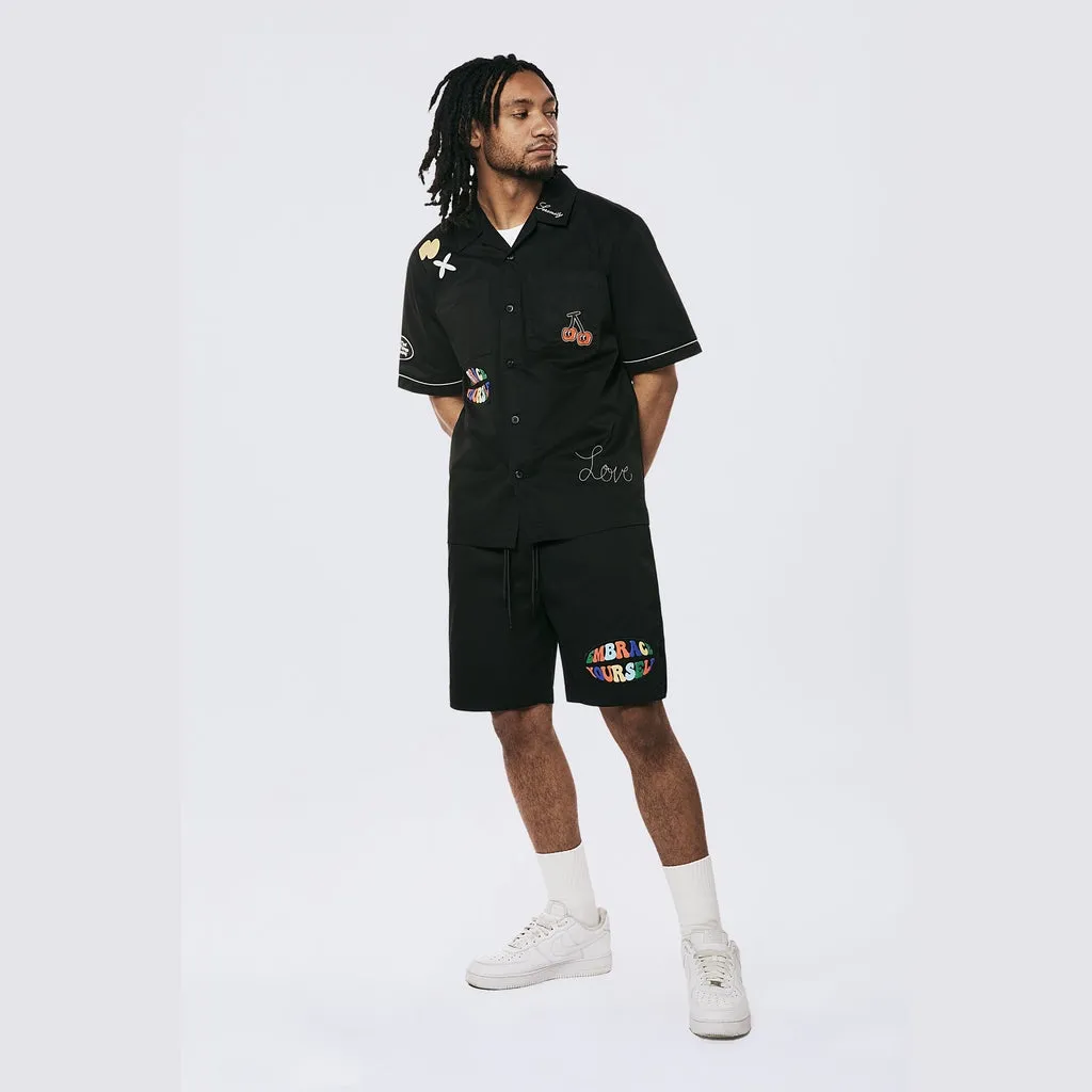 Graphic Heavy Textured Twill Shorts - Black