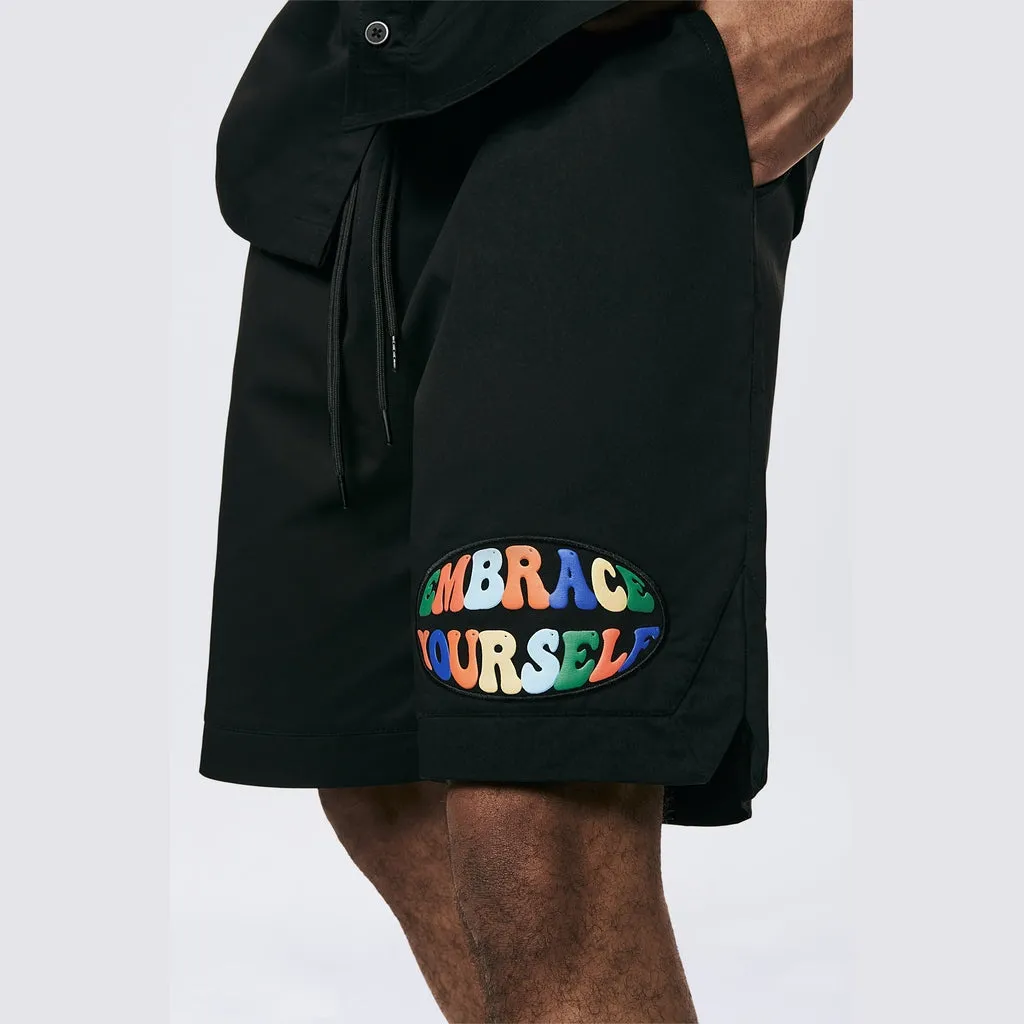 Graphic Heavy Textured Twill Shorts - Black