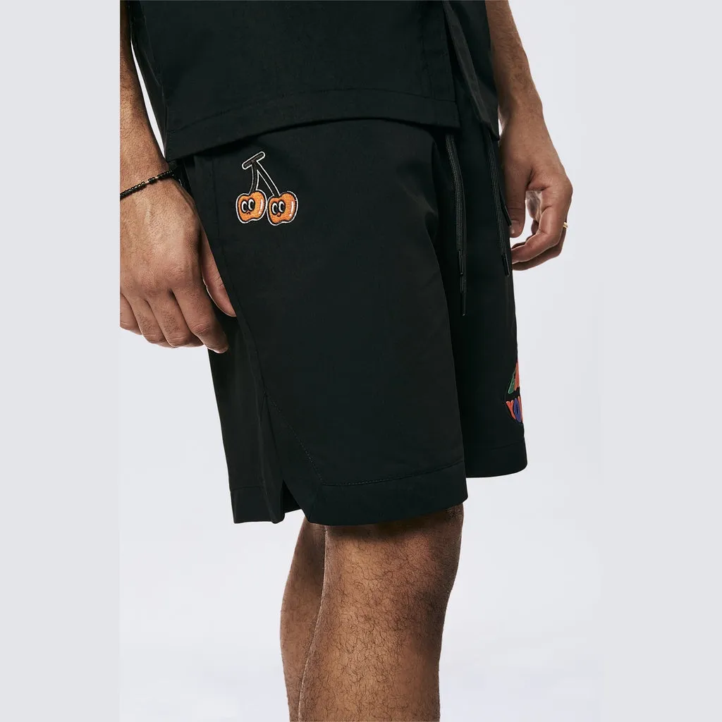 Graphic Heavy Textured Twill Shorts - Black