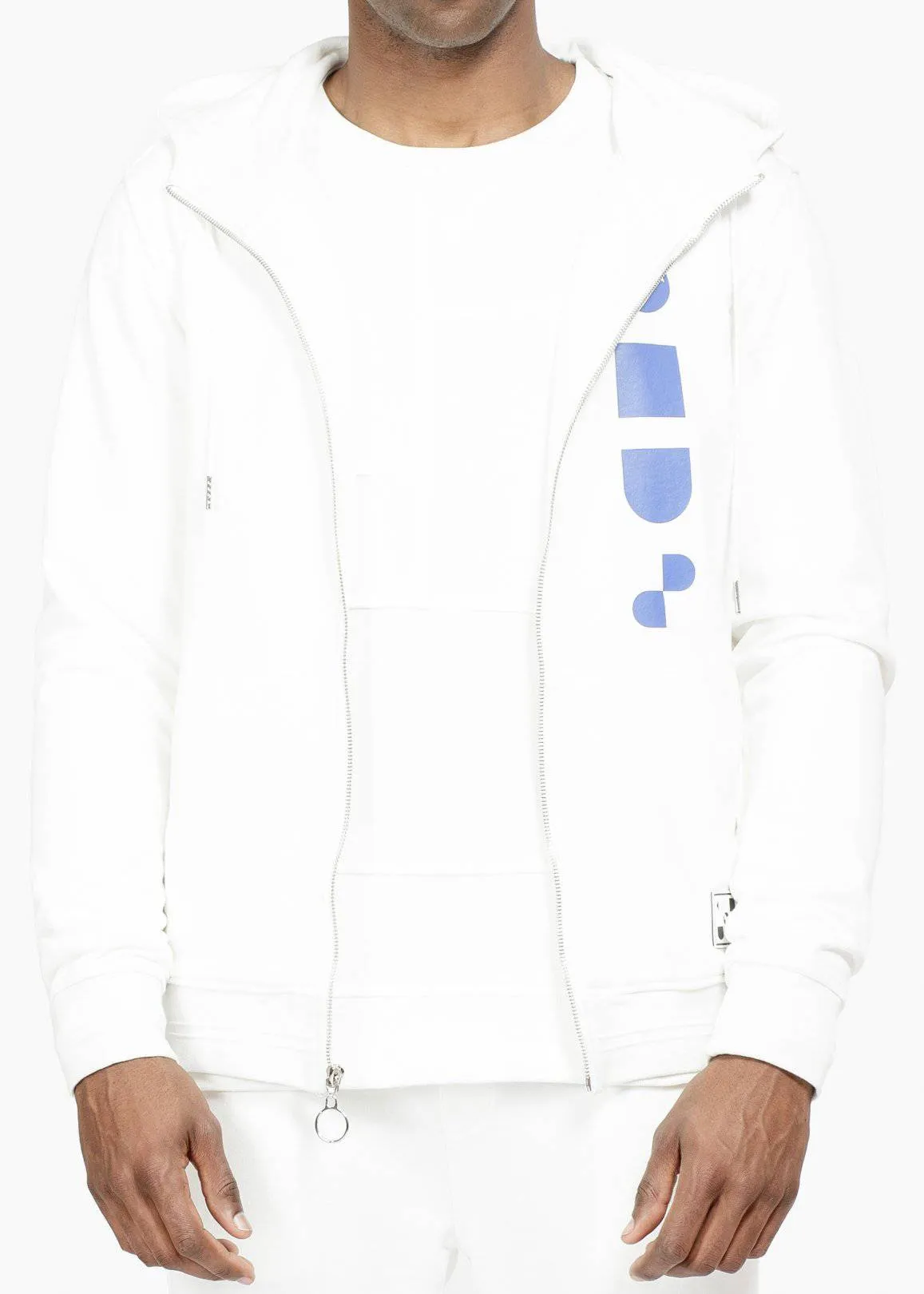 Konus Men's Mock Neck Zip Up Hoodie with Print in White