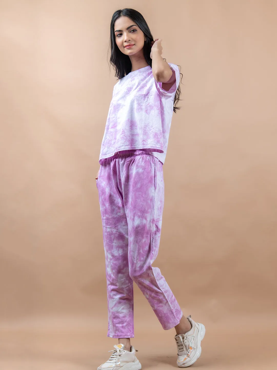 Light Pink Color One Step At A Time Printed Tie-Dye Cotton T-Shirt and Jogger Set For Women