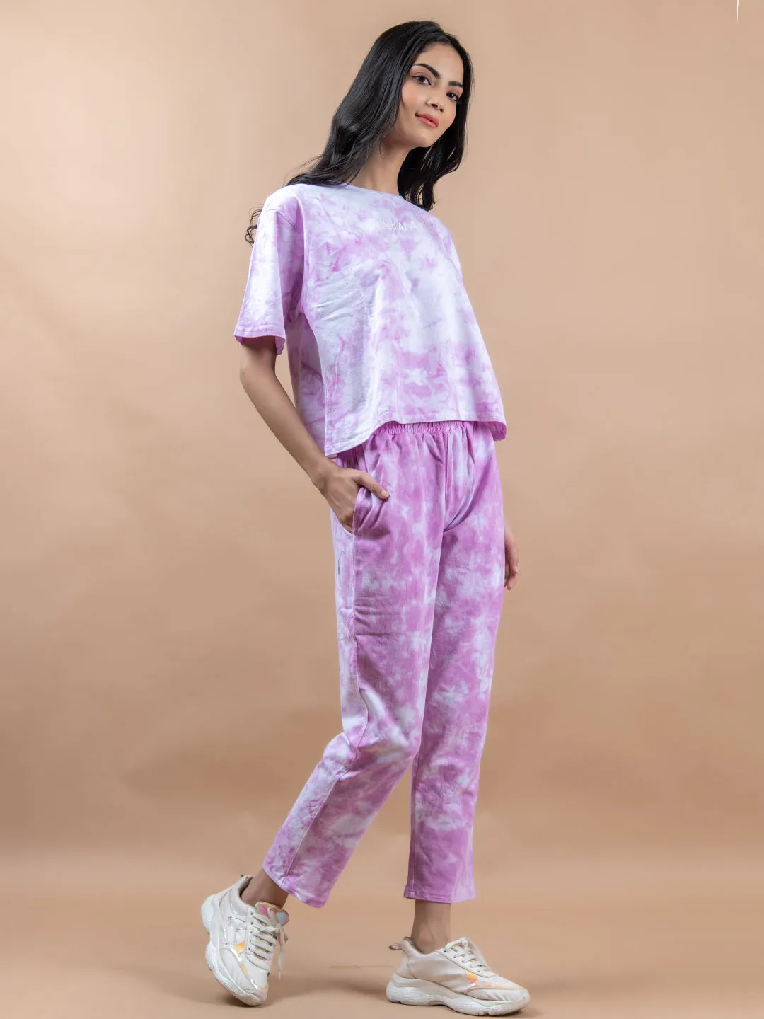 Light Pink Color One Step At A Time Printed Tie-Dye Cotton T-Shirt and Jogger Set For Women