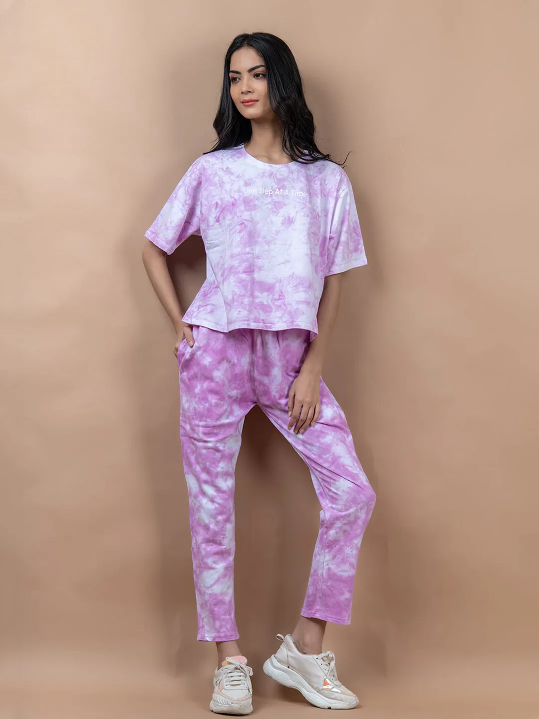 Light Pink Color One Step At A Time Printed Tie-Dye Cotton T-Shirt and Jogger Set For Women