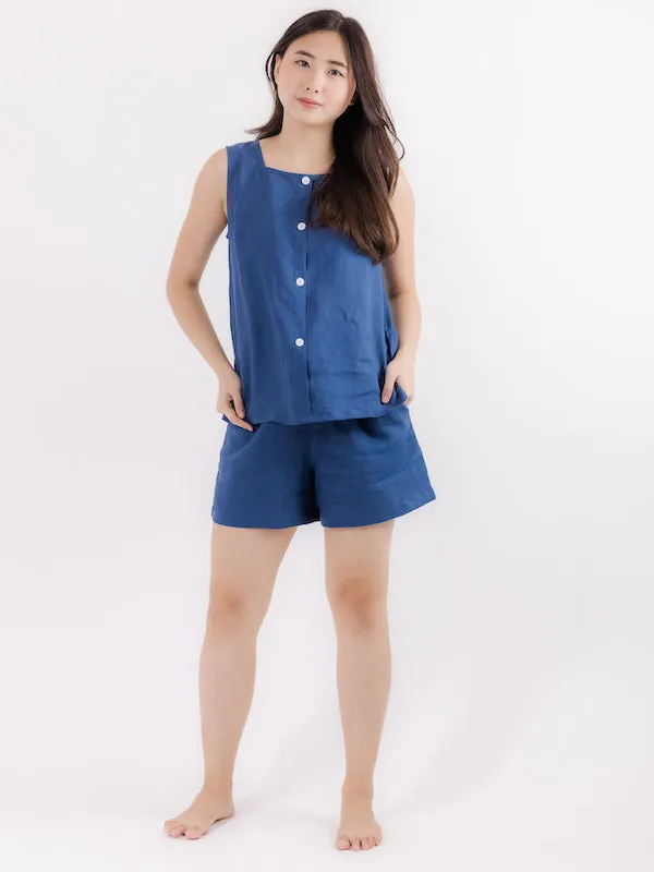 Linen Relaxed Shorts in Dark Blue