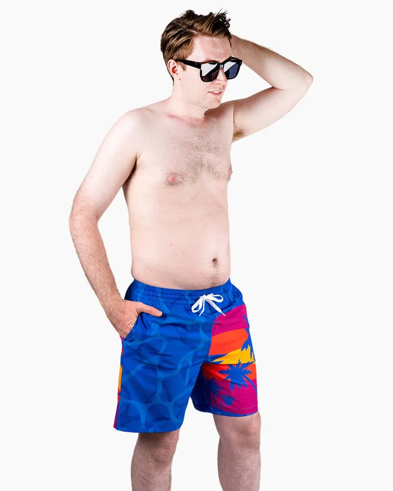 Men's Swim Beach Trunks - Blue&coconut Tree