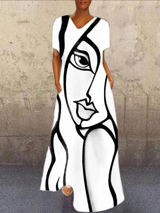 Picasso Face Print Dress, Boho Summer Dress For Women