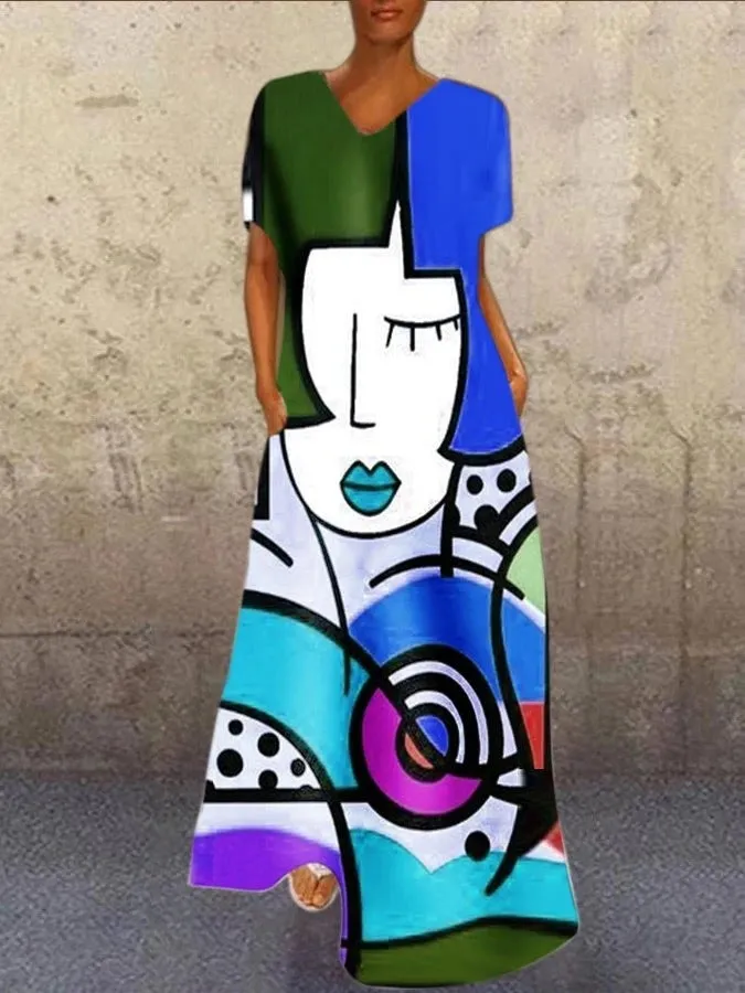 Picasso Face Print Dress, Boho Summer Dress For Women