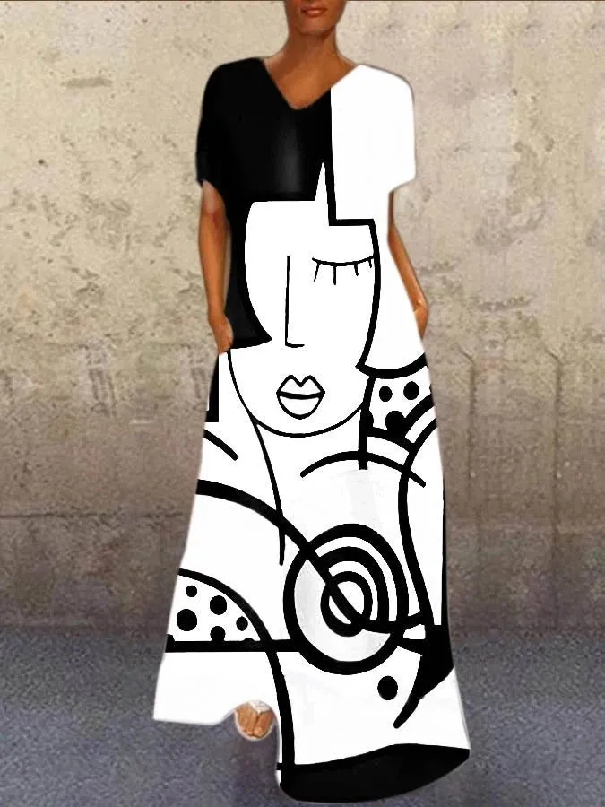 Picasso Face Print Dress, Boho Summer Dress For Women