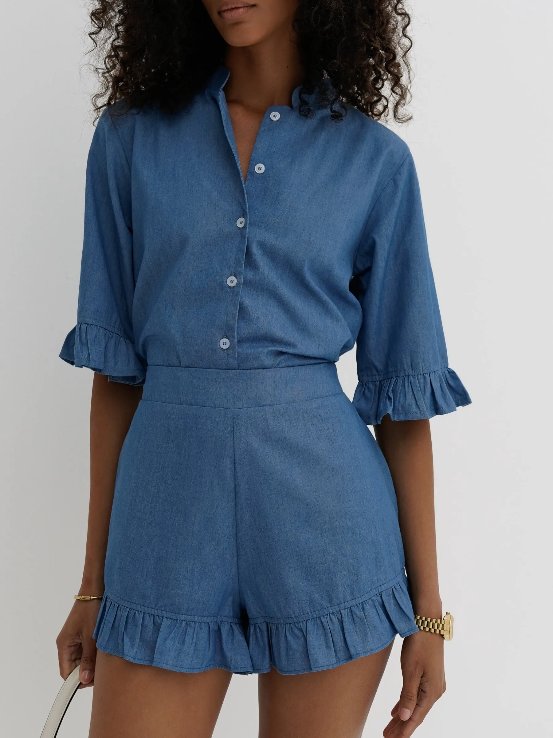 Riviera Chambray Frill Edge Short | Chalk Blue