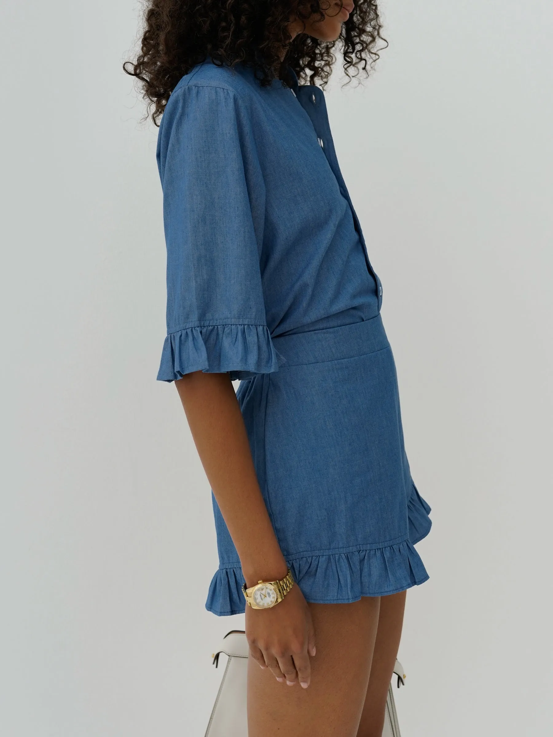 Riviera Chambray Frill Edge Short | Chalk Blue