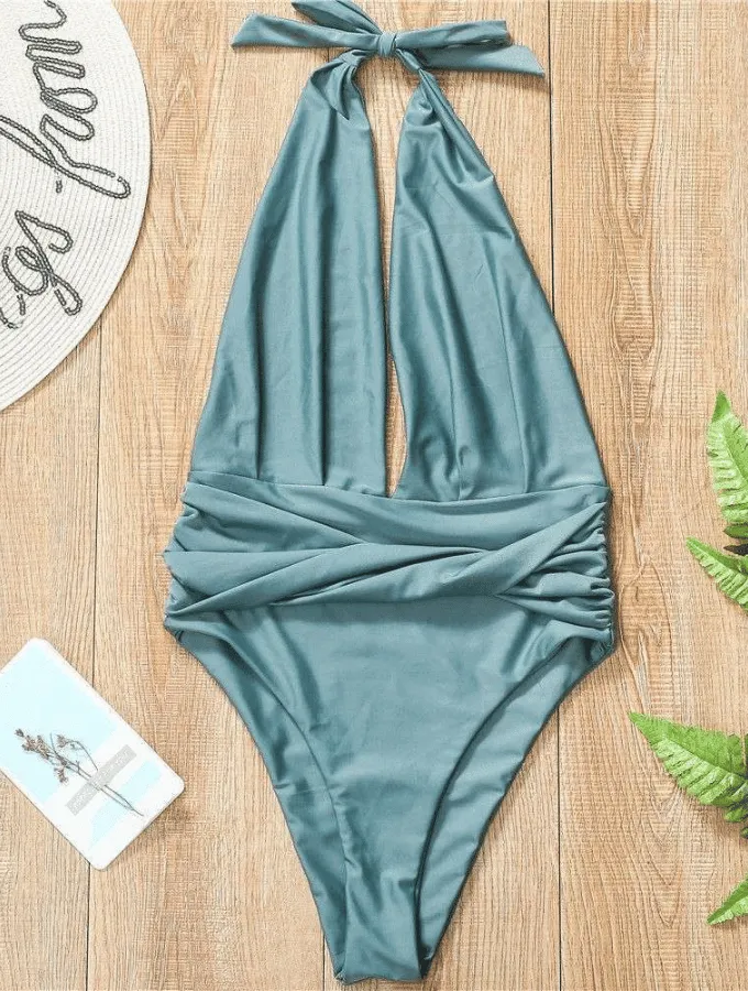 TWIST RUCHE DEEP VEE SWIMSUIT - GREEN