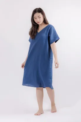 V-Neck Linen Lounge Dress in Dark Blue