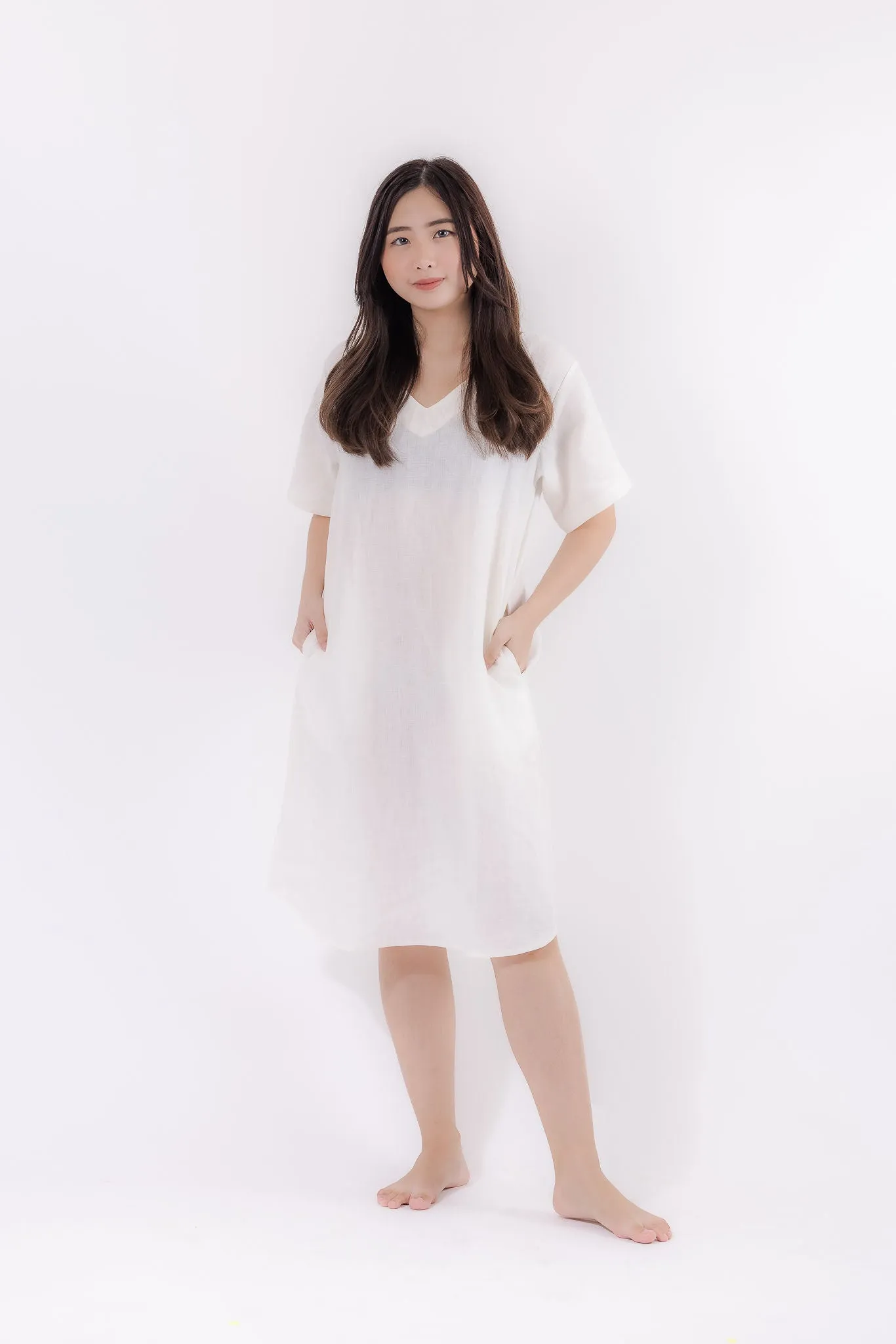 V-Neck Linen Lounge Dress in White