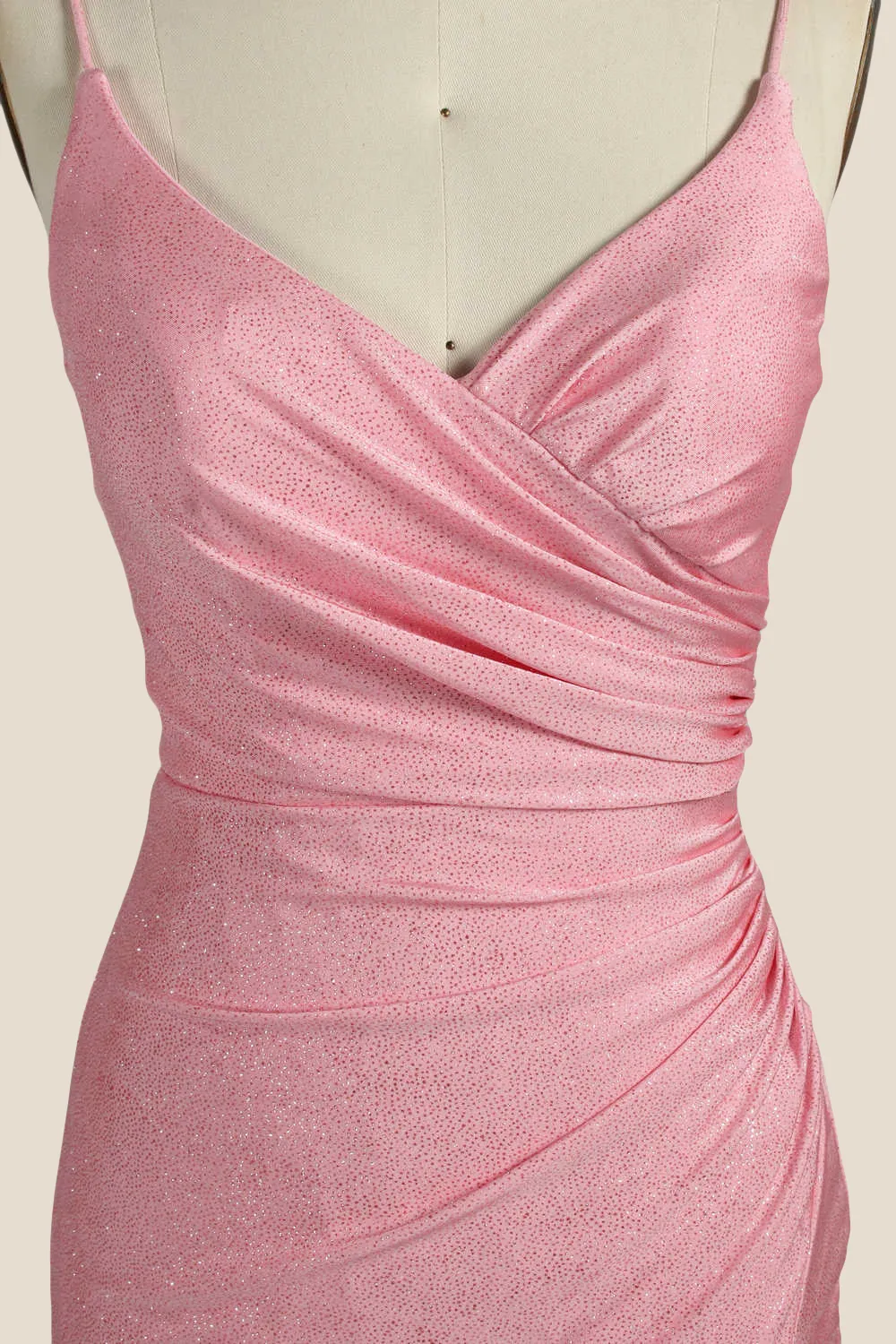 V-neck Pink Ruched Bodycon Short Dress